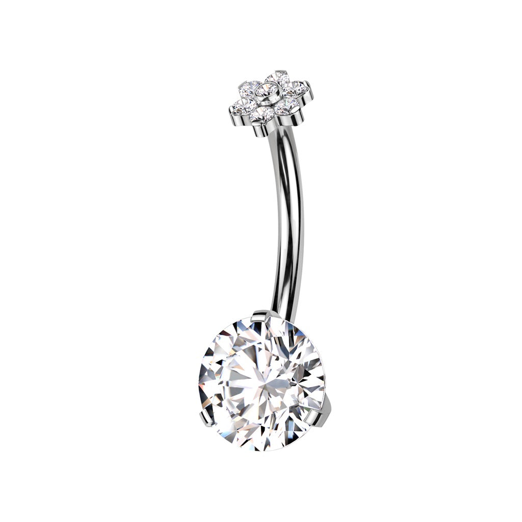 Threadless Push In Prong Set CZ Crystal with Flower Top Belly Button Ring - F136 Implant Grade Titanium