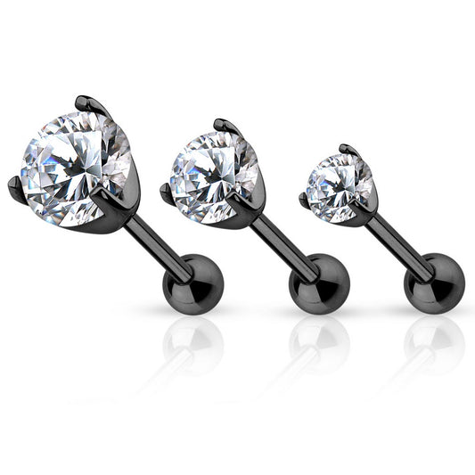 Set of 3 Prong Set CZ Crystal Cartilage Helix Ear Lobe Barbell Studs - Stainless Steel