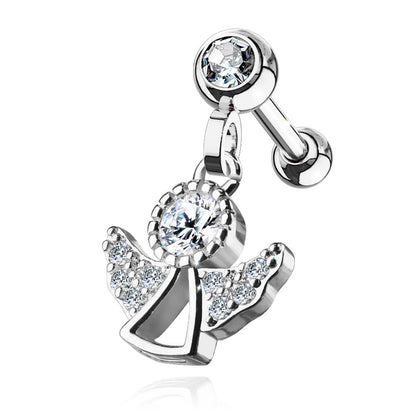 CZ Paved Dangling Angel Cartilage Helix Tragus Conch Barbell Stud - 316L Stainless Steel
