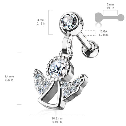 CZ Paved Dangling Angel Cartilage Helix Tragus Conch Barbell Stud - 316L Stainless Steel