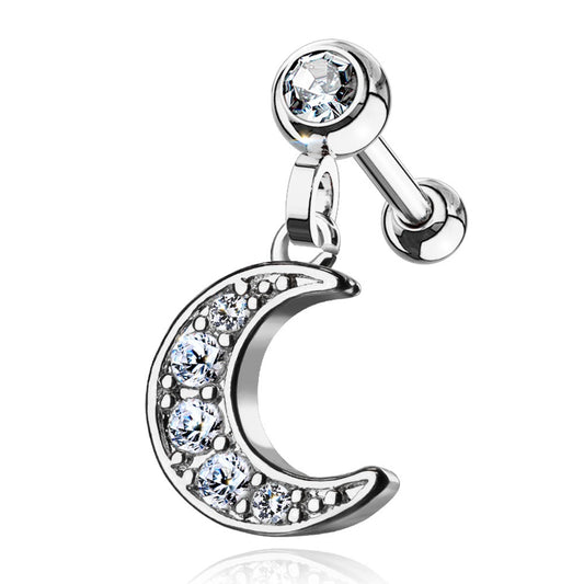 CZ Crystal Paved Crescent Moon Dangling Cartilage Tragus Barbell Stud - 316L Stainless Steel