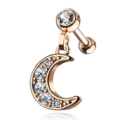 CZ Crystal Paved Crescent Moon Dangling Cartilage Tragus Barbell Stud - 316L Stainless Steel