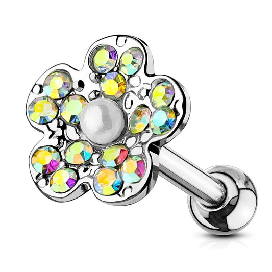 Crystal Paved Flower with Synthetic Pearl Center Cartilage Helix Tragus Conch Barbell Stud - 316L Stainless Steel