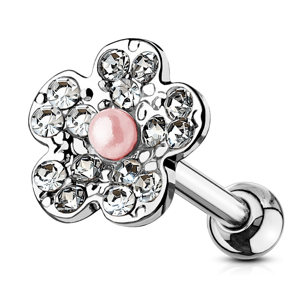 Crystal Paved Flower with Synthetic Pearl Center Cartilage Helix Tragus Conch Barbell Stud - 316L Stainless Steel