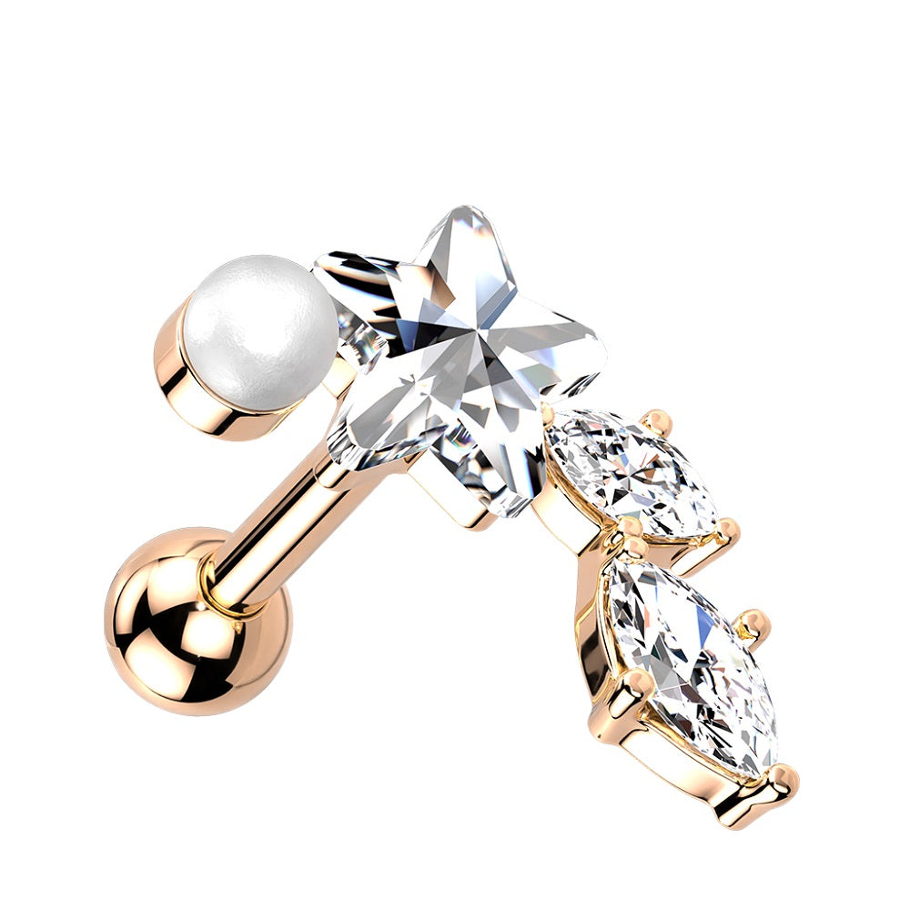 CZ Crystal Star with Vine and Pearl Barbell Stud - 316L Stainless Steel