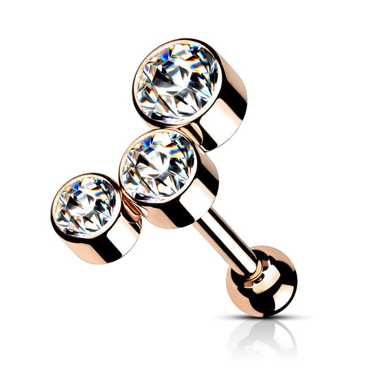 Triple Round CZ Crystal Barbell Stud - 316L Stainless Steel