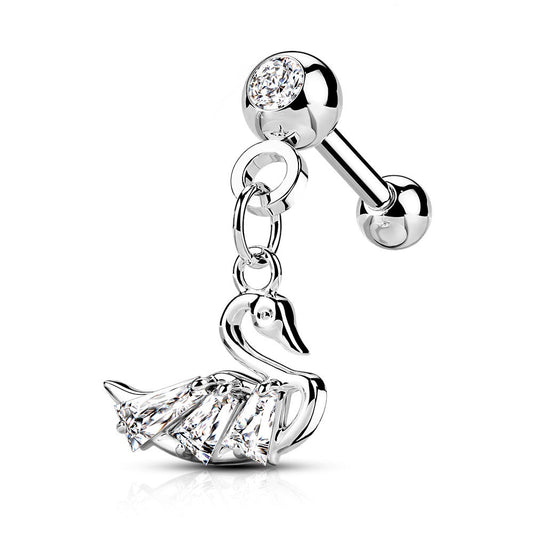 CZ Crystal Ball and Dangling Swan Barbell Stud - 316L Stainless Steel