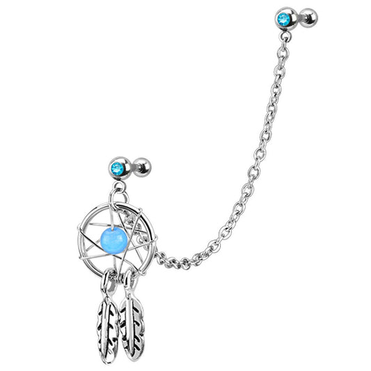 Chain Linked Gemmed Double Cartilage Barbells with Dangling Dream Catcher Charm - Surgical Steel