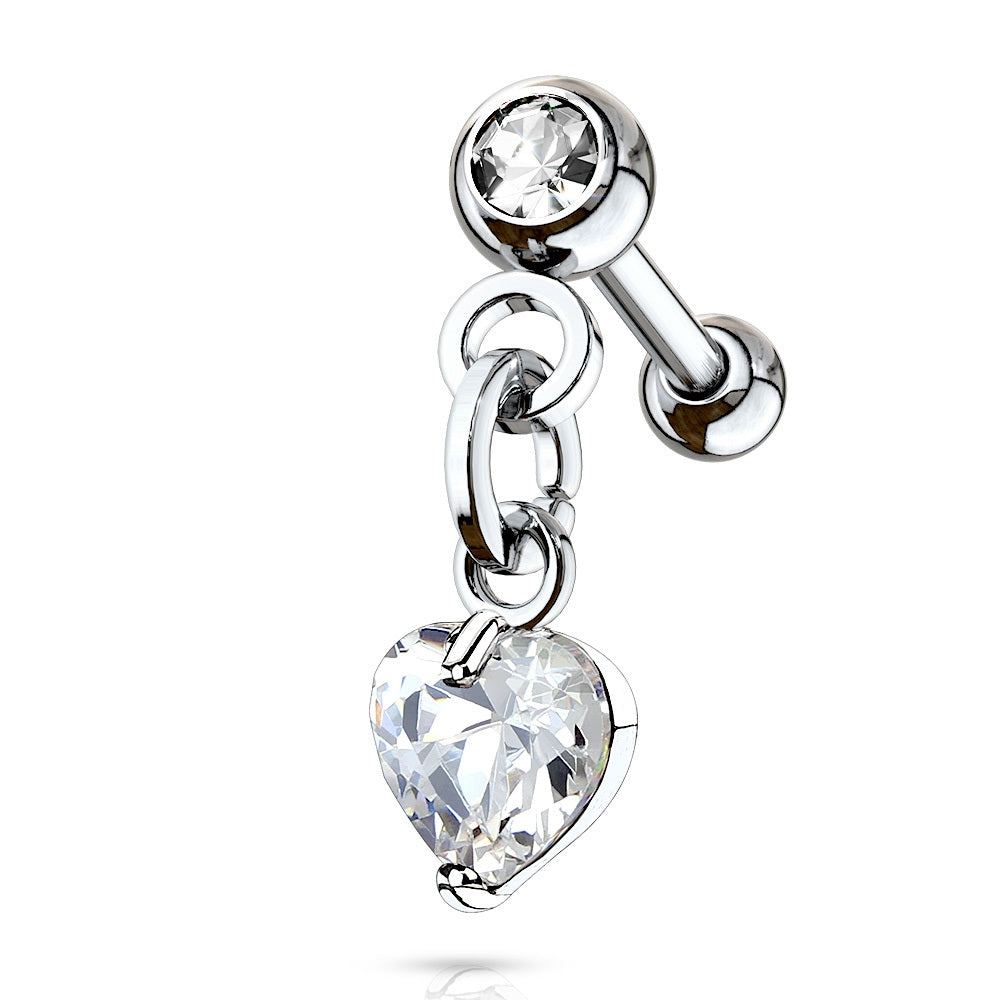 Crystal Set Ball with Dangling Crystal Heart Cartilage Barbell Stud
 - 316L Stainless Steel