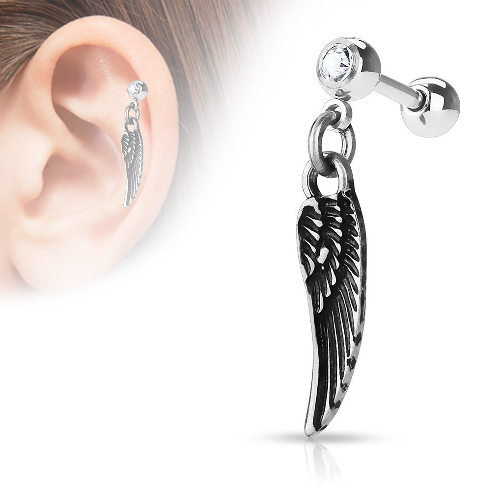 Jeweled Dangling Angel Wing Cartilage Tragus Barbell - 316L Surgical Steel