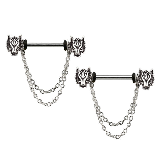 Wolf Head Dangling Chain Nipple Barbells - Stainless Steel - Pair