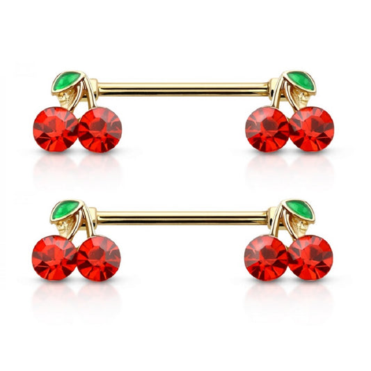 Lucky Double CZ Cherry Ends Nipple Barbells - 316L Stainless Steel - Pair