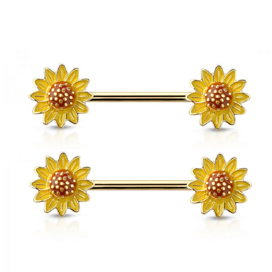 Golden Sunflower Ends Nipple Barbells - 316L Stainless Steel - Pair