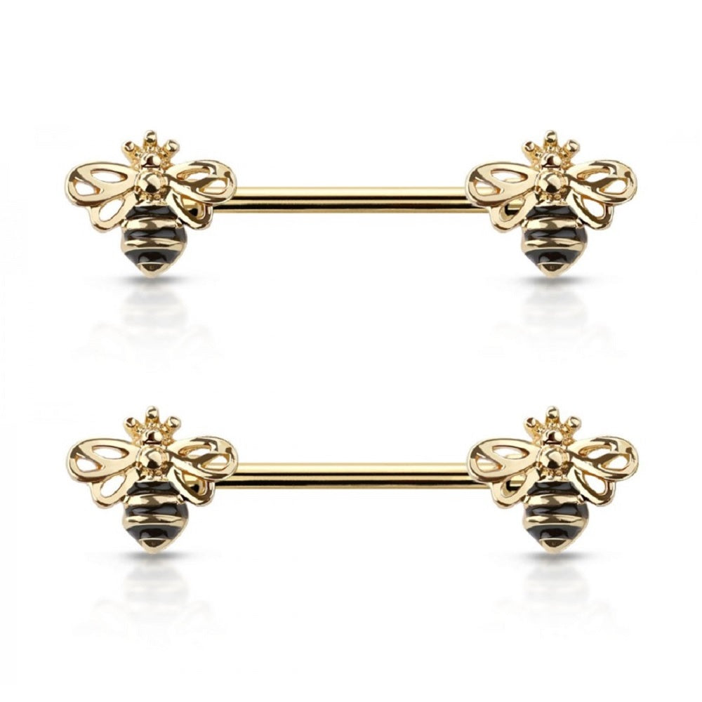 Double Golden Queen Bee Ends Barbells Nipple Rings - 316L Stainless Steel - Pair