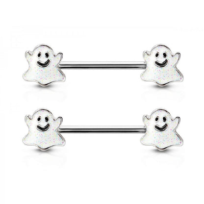 Happy Little Ghost Ends Barbell Nipple Rings - 316L Stainless Steel - Pair