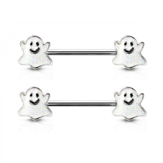 Happy Little Ghost Ends Barbell Nipple Rings - 316L Stainless Steel - Pair