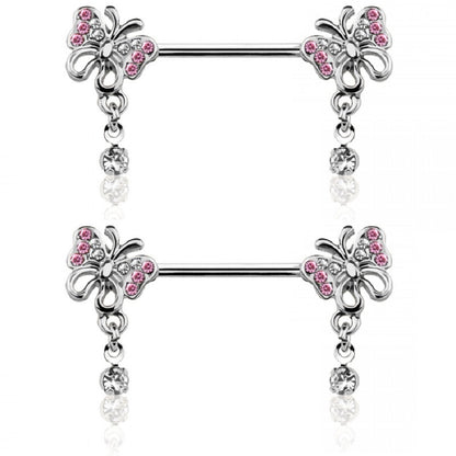 CZ Crystal Paved Butterflies with Dangling Gems Nipple Barbells - Stainless Steel - Pair