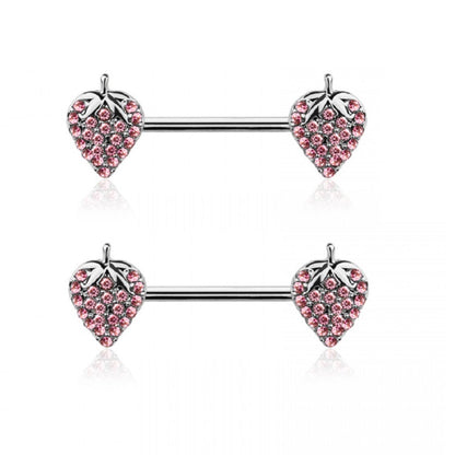 CZ Crystal Paved Strawberry Nipple Barbells - 316L Stainless Steel - Pair