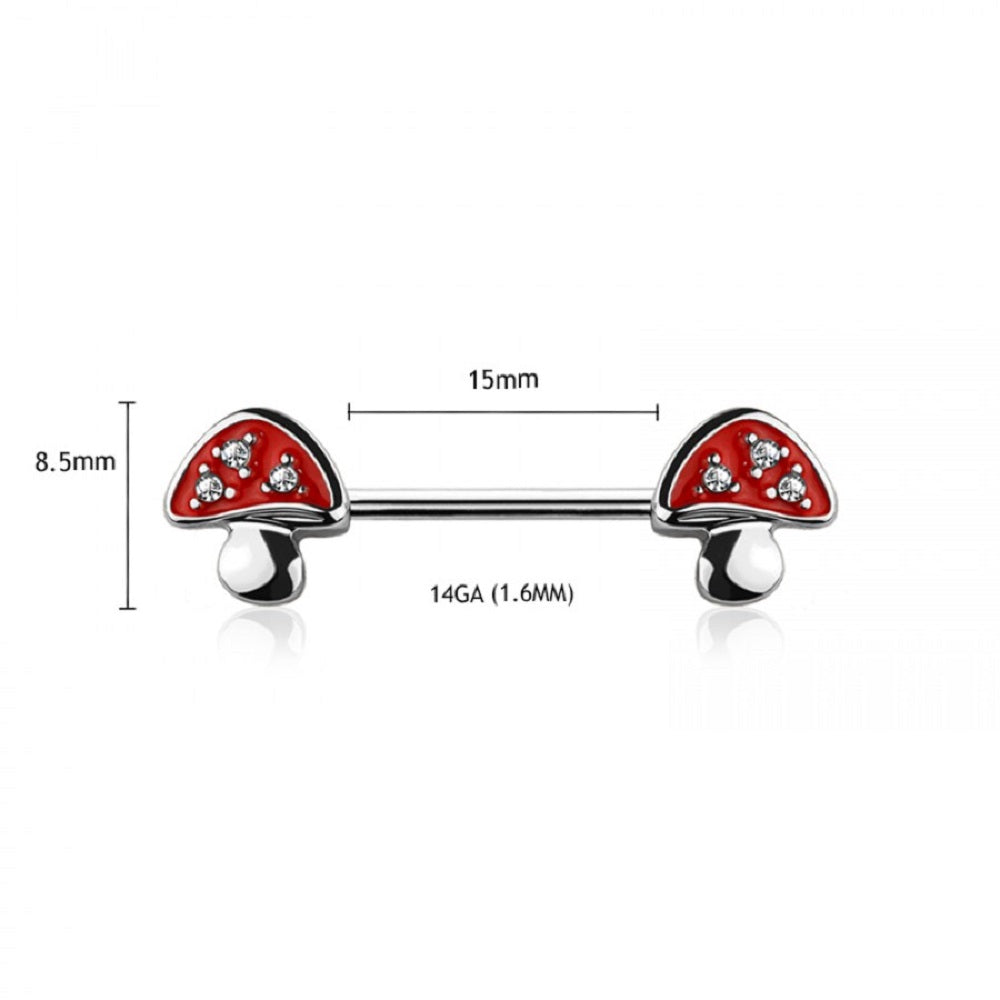 CZ Crystal Paved Mushroom Ends Nipple Barbells - Stainless Steel - Pair