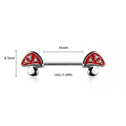 CZ Crystal Paved Mushroom Ends Nipple Barbells - Stainless Steel - Pair