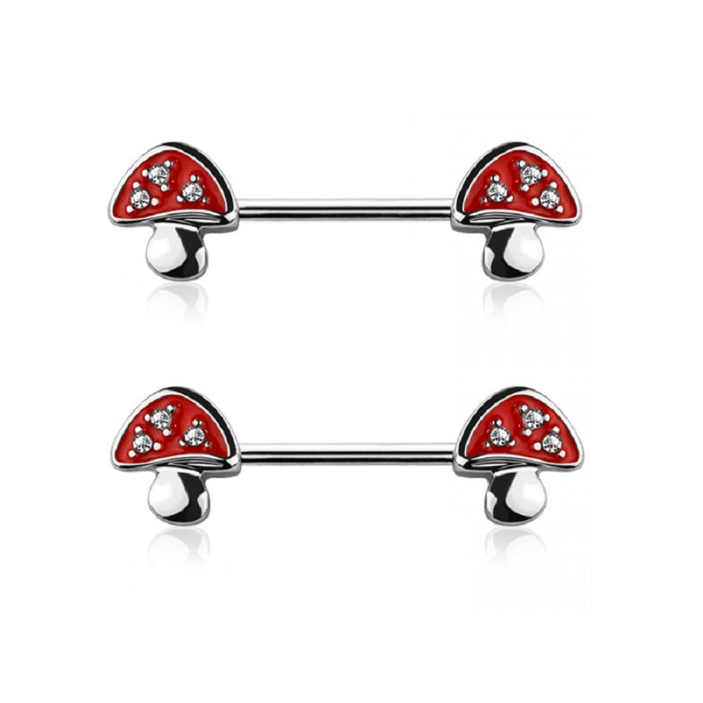 CZ Crystal Paved Mushroom Ends Nipple Barbells - Stainless Steel - Pair