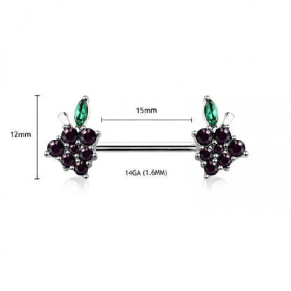 CZ Crystal Grape Ends Nipple Barbells - Stainless Steel - Pair