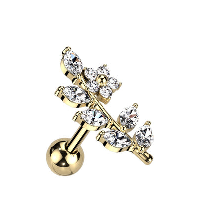 CZ Crystal Flower and Vine Top Barbell - 316L Stainless Steel