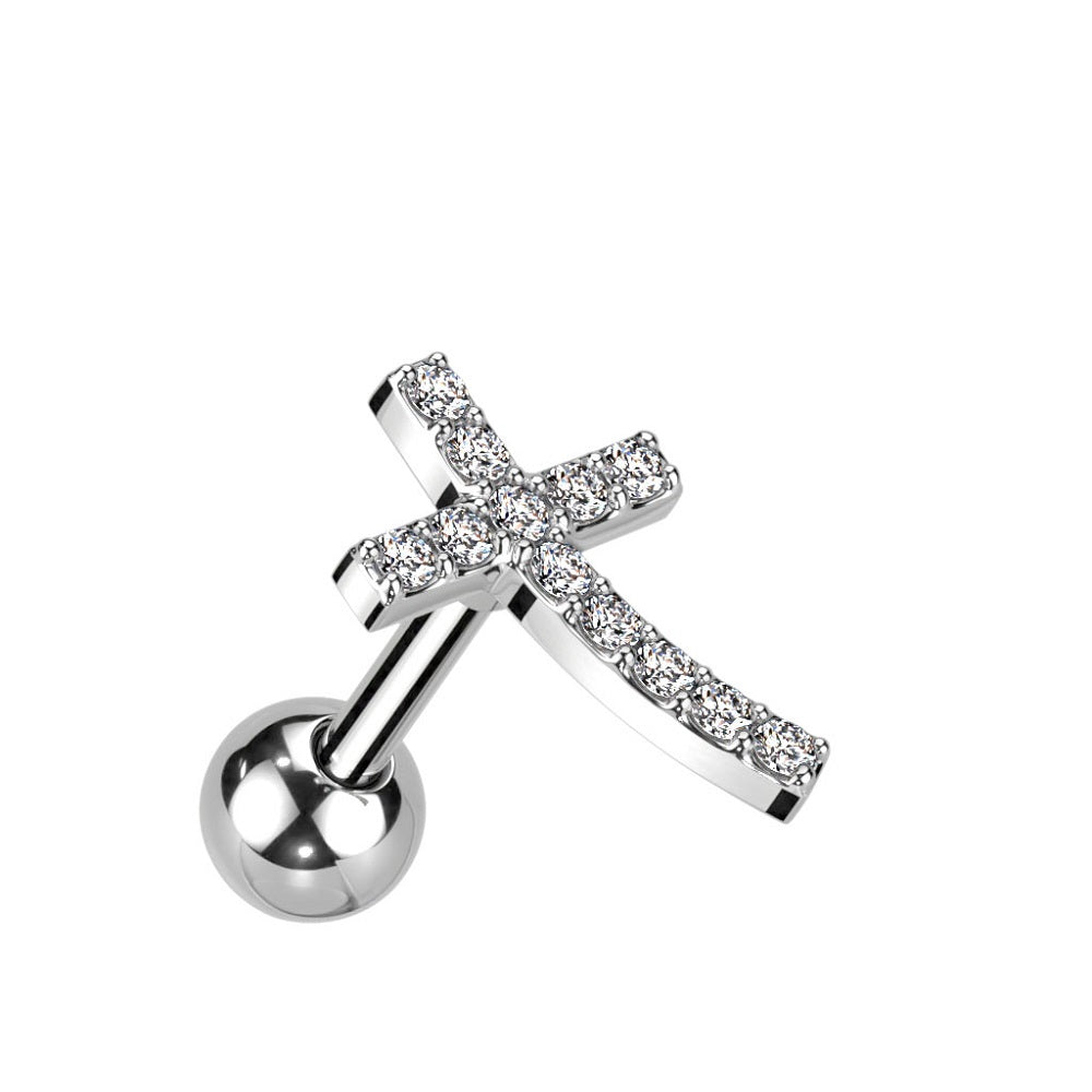 CZ Crystal Paved Curved Cross Top Barbell - 316L Stainless Steel