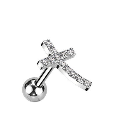 CZ Crystal Paved Curved Cross Top Barbell - 316L Stainless Steel