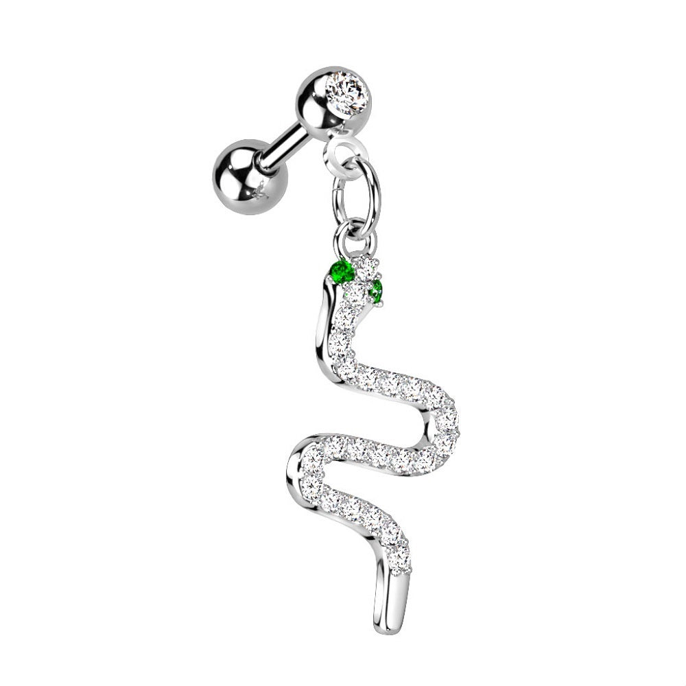 CZ Crystal Paved Dangling Snake Cartilage Tragus Barbell - 316L Stainless Steel