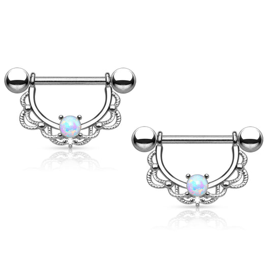 Synthetic Opal Centered Filigree Drop Nipple Rings - Stainless Steel - Pair