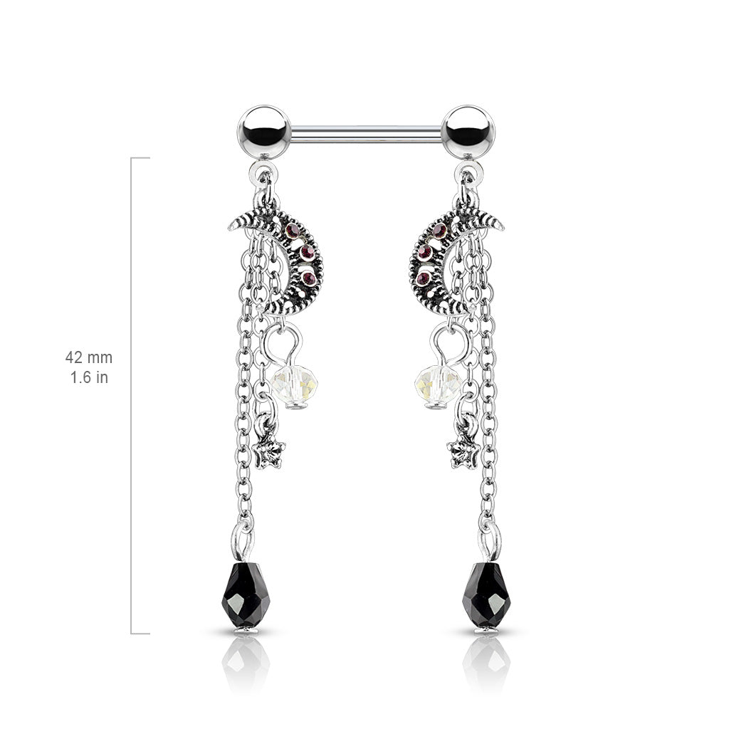 CZ Crystal Star and Moon Chain Dangle Nipple Barbells - Stainless Steel - Pair