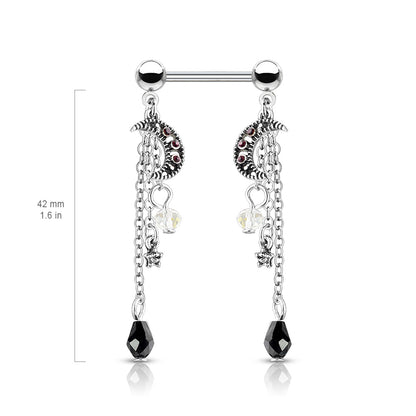 CZ Crystal Star and Moon Chain Dangle Nipple Barbells - Stainless Steel - Pair