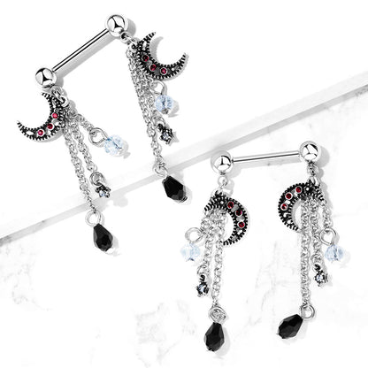 CZ Crystal Star and Moon Chain Dangle Nipple Barbells - Stainless Steel - Pair