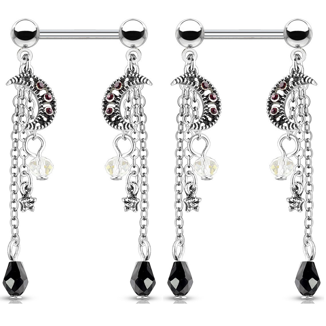 CZ Crystal Star and Moon Chain Dangle Nipple Barbells - Stainless Steel - Pair