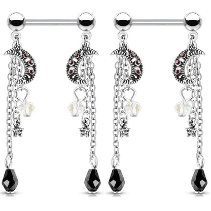 CZ Crystal Star and Moon Chain Dangle Nipple Barbells - Stainless Steel - Pair