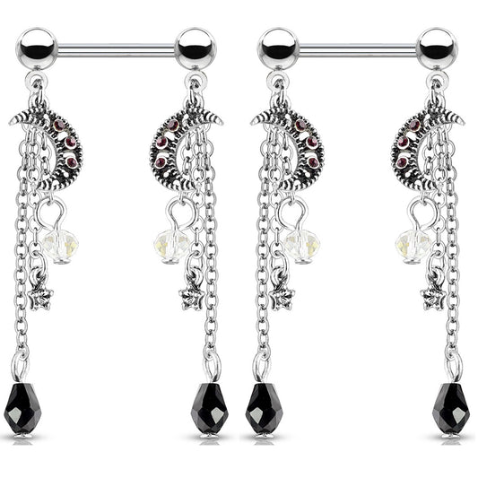 CZ Crystal Star and Moon Chain Dangle Nipple Barbells - Stainless Steel - Pair