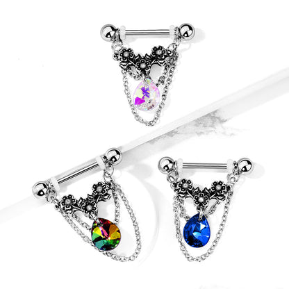 Triple Flower Dangling Crystal Chains Nipple Barbells - Stainless Steel - Pair