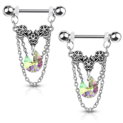 Triple Flower Dangling Crystal Chains Nipple Barbells - Stainless Steel - Pair