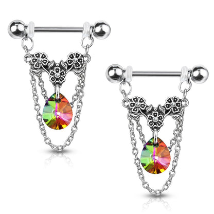 Triple Flower Dangling Crystal Chains Nipple Barbells - Stainless Steel - Pair