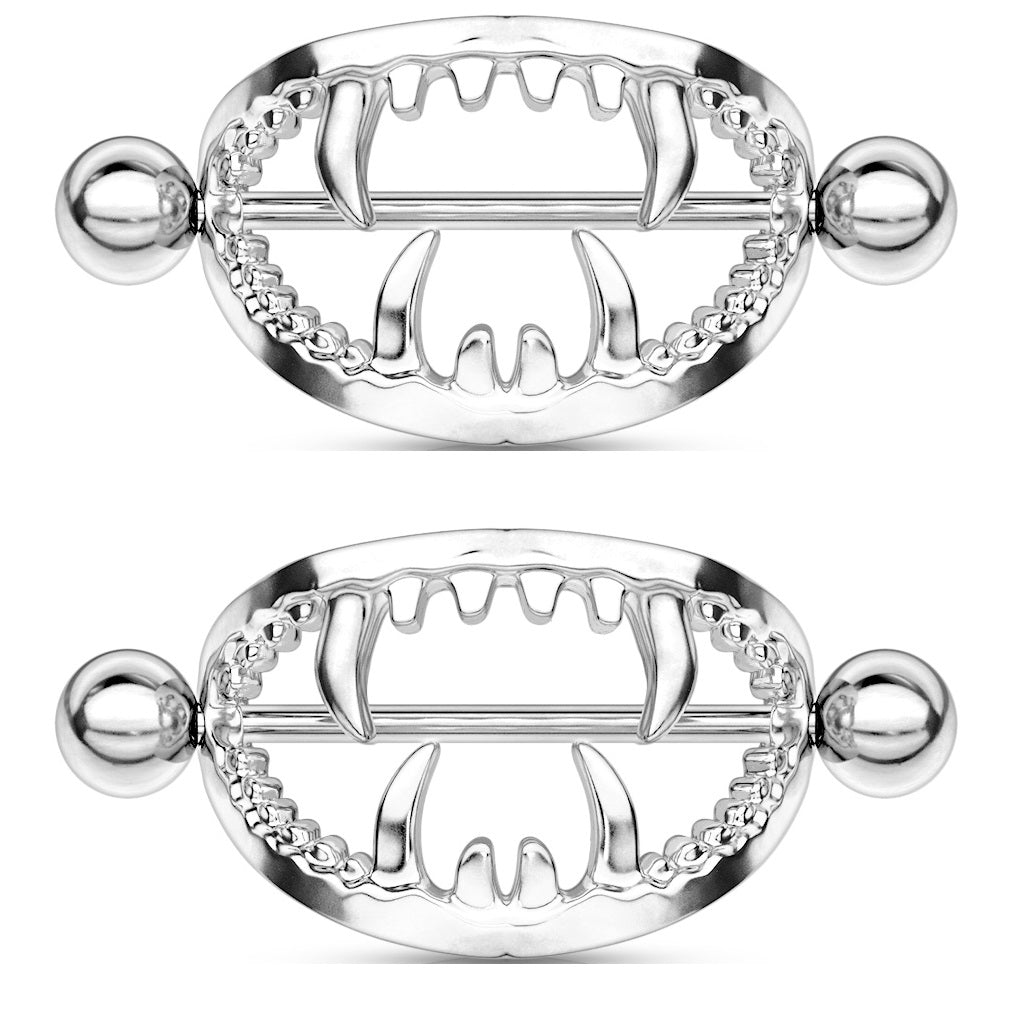 Gothic Fangs Barbell Nipple Shields - Stainless Steel - Pair