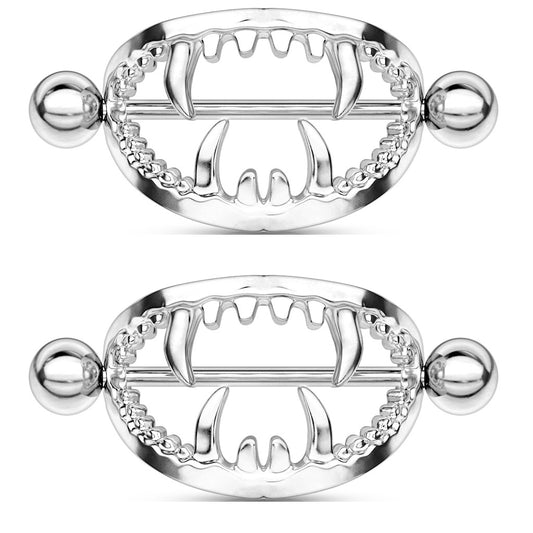 Gothic Fangs Barbell Nipple Shields - Stainless Steel - Pair