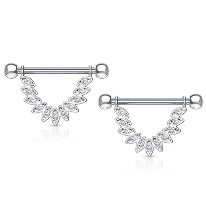 CZ Set Linked Feather Dangling Barbell Nipple Rings - 316L Stainless Steel - Pair