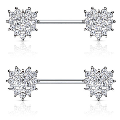 Multi Crystal Paved Heart Ends Nipple Barbells - 316L Stainless Steel - Pair