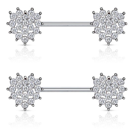 Multi Crystal Paved Heart Ends Nipple Barbells - 316L Stainless Steel - Pair
