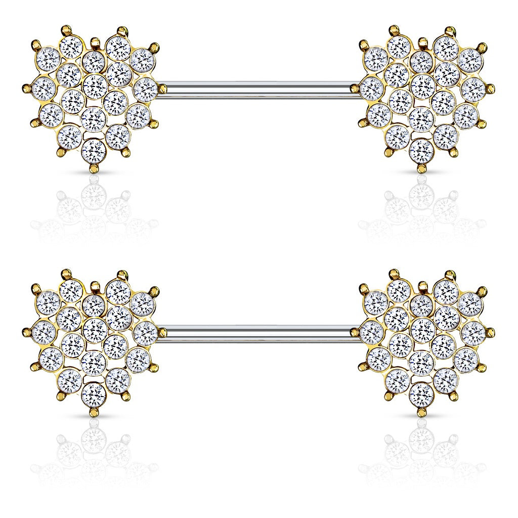 Multi Crystal Paved Heart Ends Nipple Barbells - 316L Stainless Steel - Pair