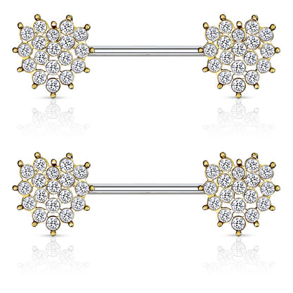 Multi Crystal Paved Heart Ends Nipple Barbells - 316L Stainless Steel - Pair