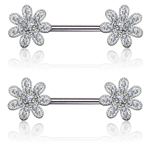 Gem Paved Flower Ends Nipple Barbells - 316L Stainless Steel - Pair