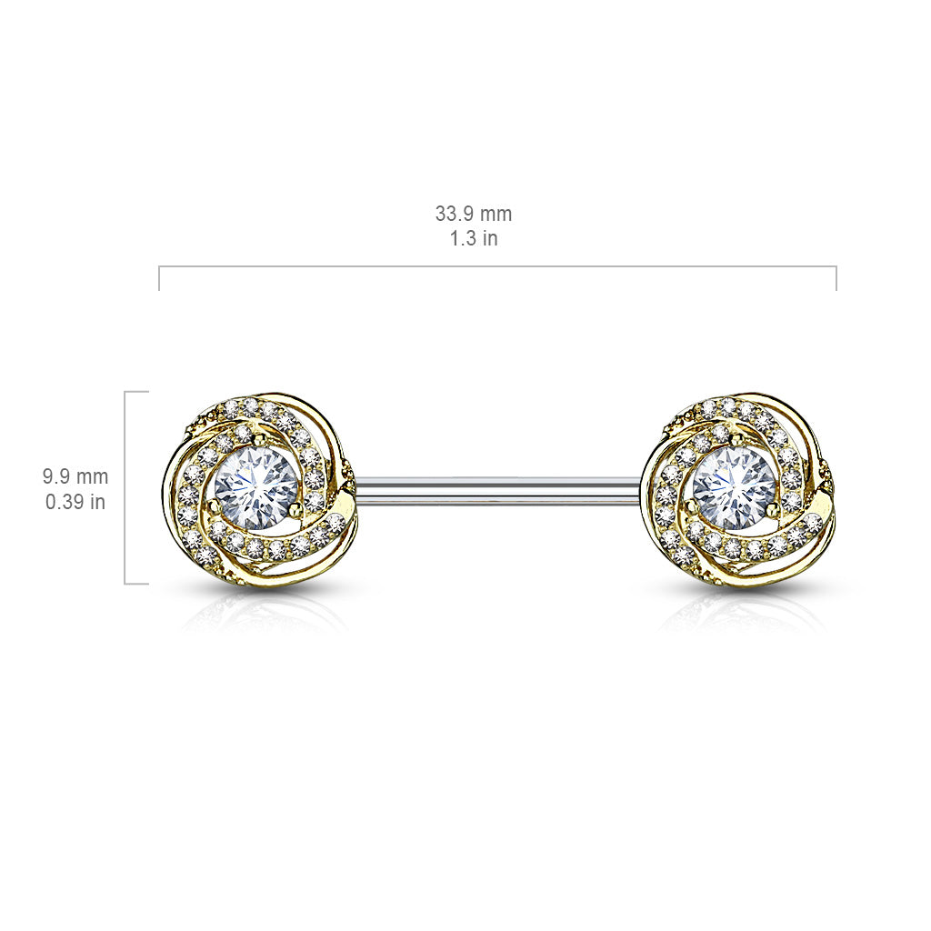 Sparkling Rose Blossom Paved with CZs Nipple Barbells - 316L Stainless Steel - Pair