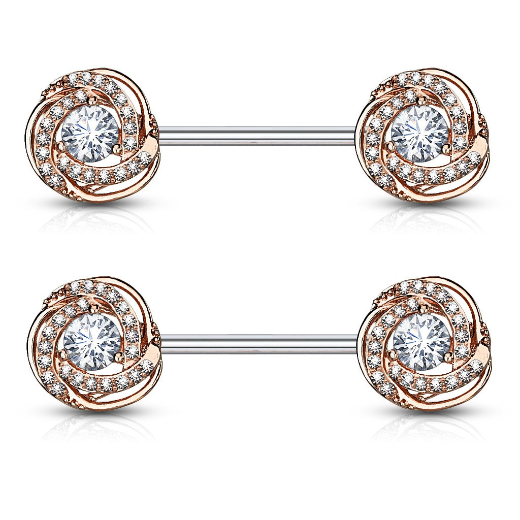 Sparkling Rose Blossom Paved with CZs Nipple Barbells - 316L Stainless Steel - Pair